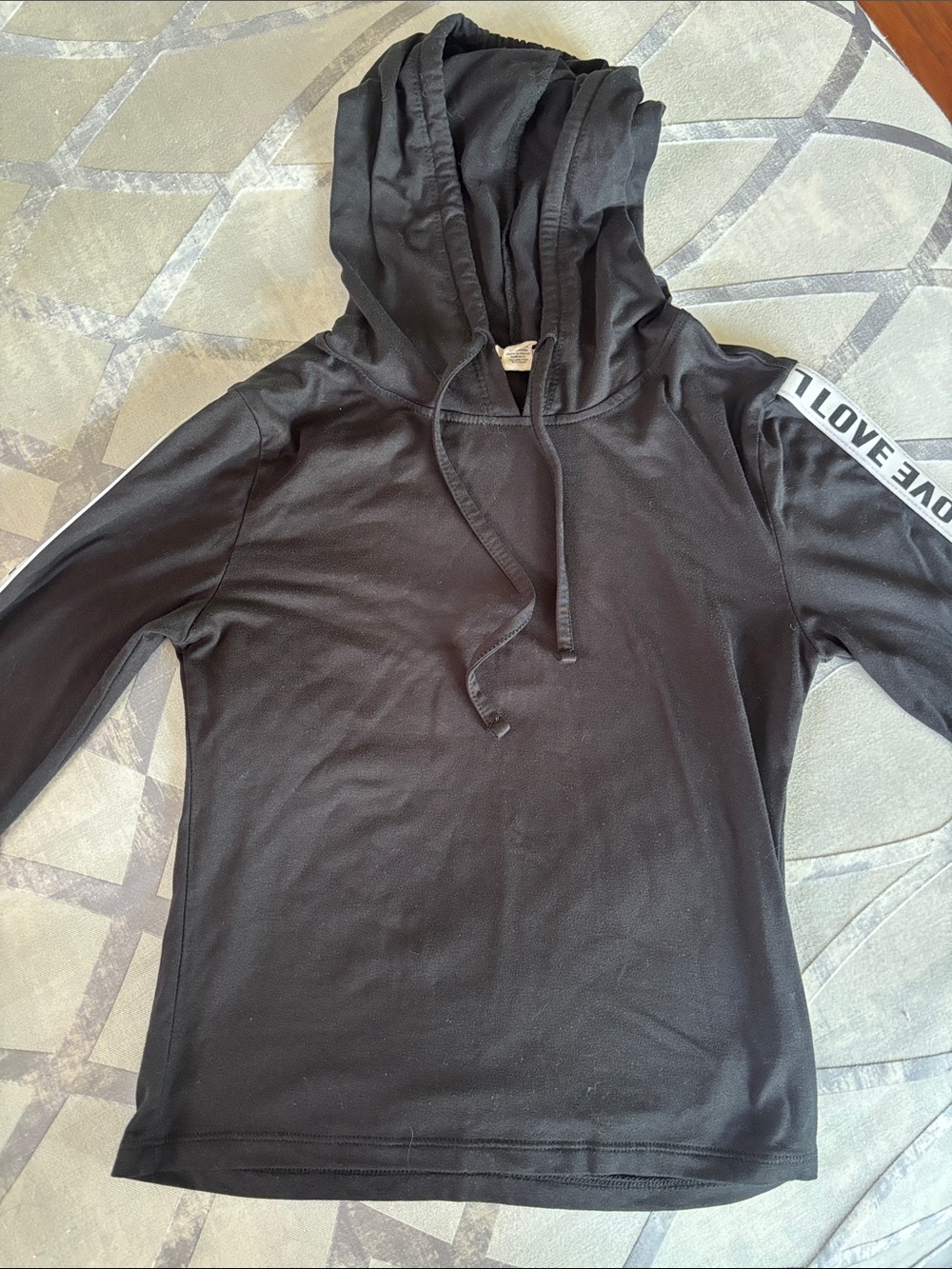 Black Hoodie Top with White 'LOVE' Sleeve Trim